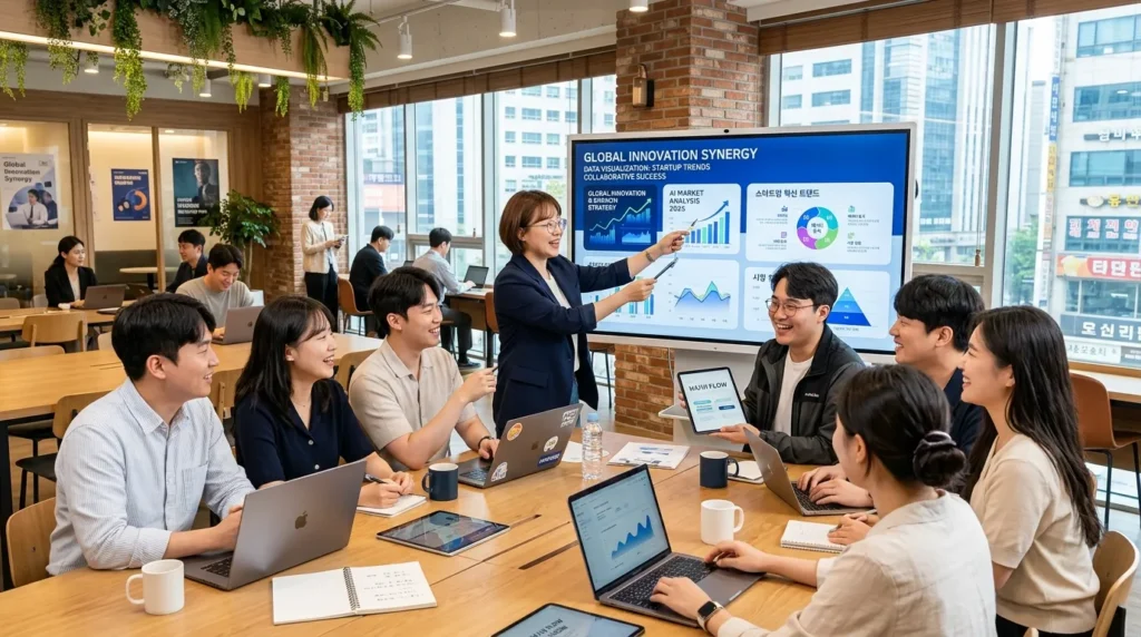다양한 한국인 창업가들이 현대적인 코워킹 스페이스에서 활발하게 협업하고 있는 모습. 디지털 스크린에는 혁신적인 사업 아이디어와 데이터 시각화 자료가 표시되어 있다. 미래지향적이고 긍정적인 분위기.