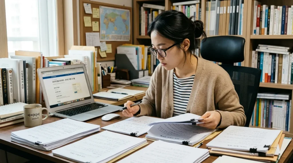 한 한국인 여성이 노트북 앞에서 모두의 창업 프로젝트 온라인 신청 페이지를 꼼꼼히 확인하며 서류를 정리하는 모습. 주변에는 사업계획서 초안과 참고 자료들이 쌓여 있다. 집중하고 신중한 분위기.