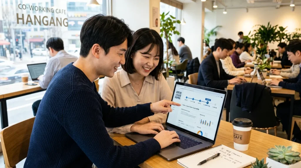 밝고 활기찬 분위기에서 한국인 남성과 여성이 노트북을 보며 모두의 창업 프로젝트 온라인 신청 시스템을 단계별로 따라하고 있는 모습. 화면에는 진행 상태를 나타내는 인포그래픽이 보인다.