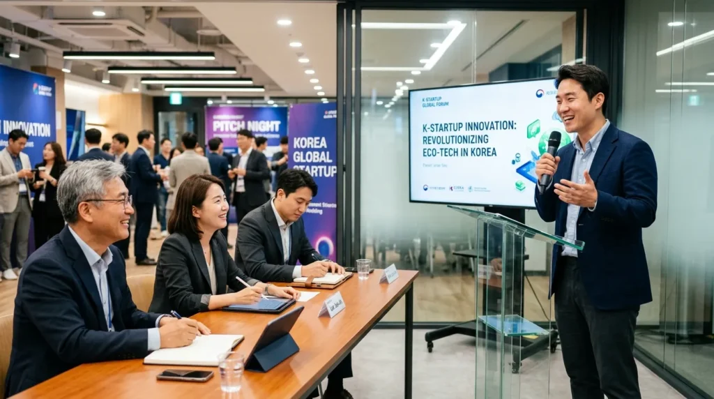 한국인 창업가가 면접관들 앞에서 자신감 있게 자신의 사업 아이디어를 발표하는 모습. 면접관들은 흥미롭게 경청하며 메모를 하고 있다. 활기차고 긍정적인 분위기.