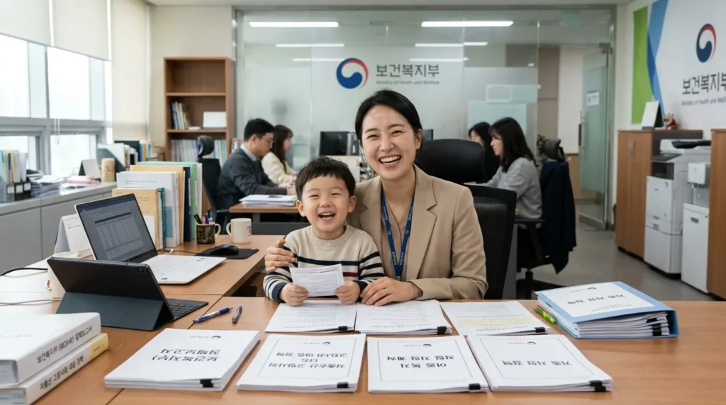 한부모 한국인 여성이 아이와 함께 밝은 표정으로 웃고 있는 모습, 뒤에는 보건복지부 로고가 희미하게 보이는 사무실 배경. 정책 자료를 확인하는 듯한 서류들이 테이블에 놓여있다.