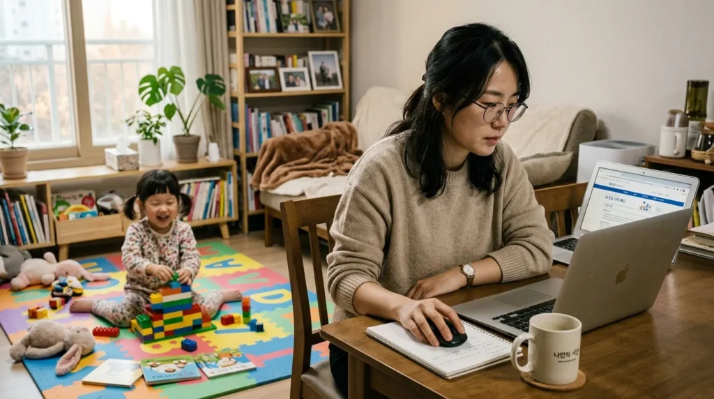 한부모 한국인 여성이 노트북으로 복지로 웹사이트를 검색하며 지원 자격 요건을 꼼꼼히 확인하고 있는 모습. 옆에는 어린 자녀가 밝게 뛰어놀고 있다.