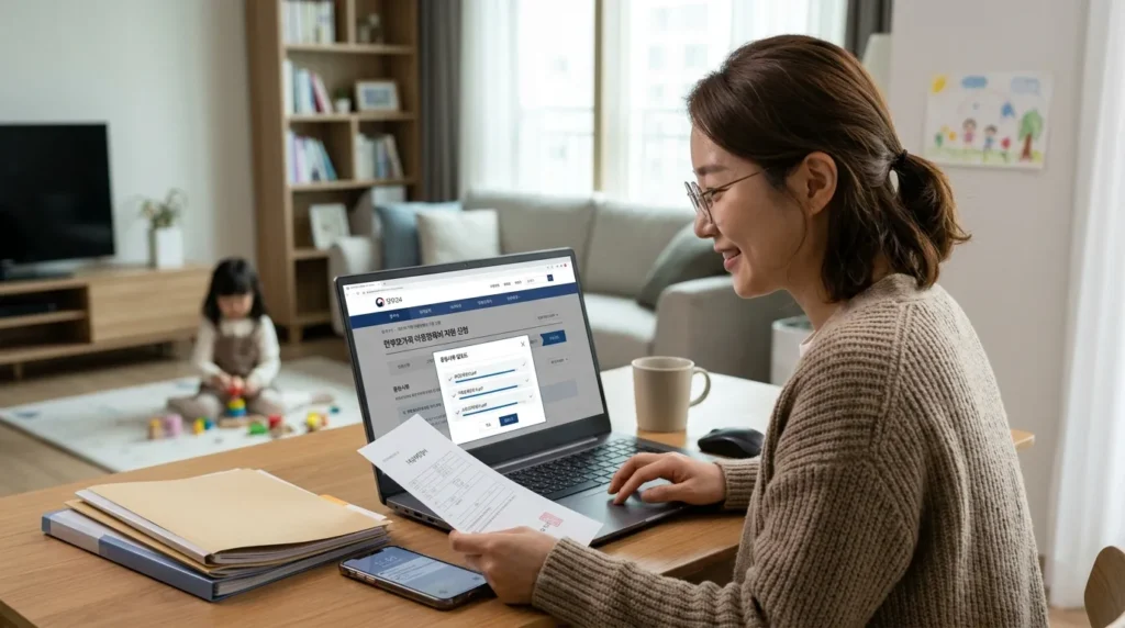 한국인 한부모가 정부24 웹사이트에서 온라인으로 서류를 업로드하며 양육비 특별 지원을 신청하는 모습. 깔끔하고 효율적인 디지털 환경을 강조한다.