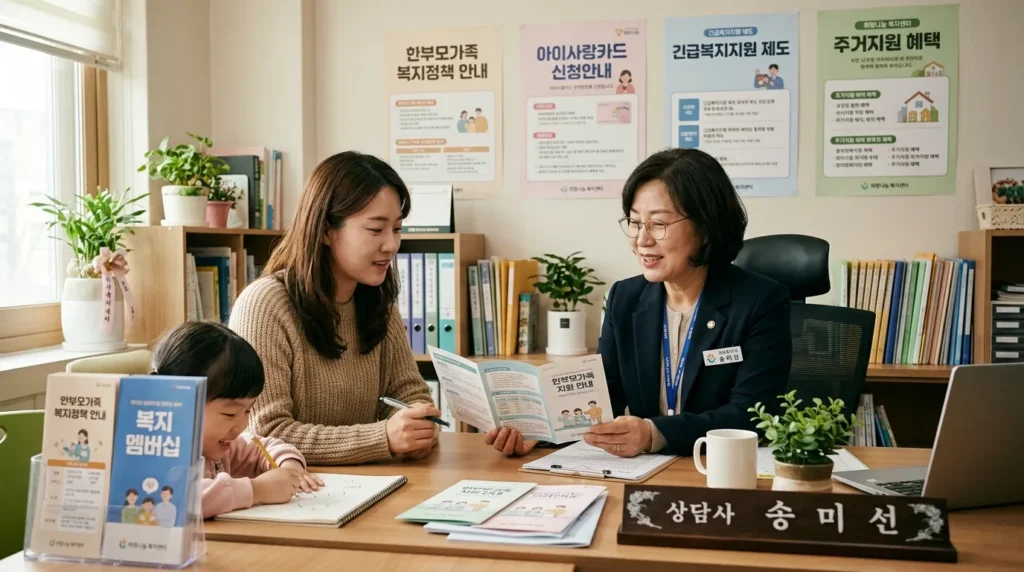 한국인 가족 상담사가 한부모에게 복지 정책에 대해 친절하게 설명하고 있는 모습. 상담실 배경에 복지 관련 포스터가 보인다. 궁금증을 해결해주는 따뜻한 분위기.