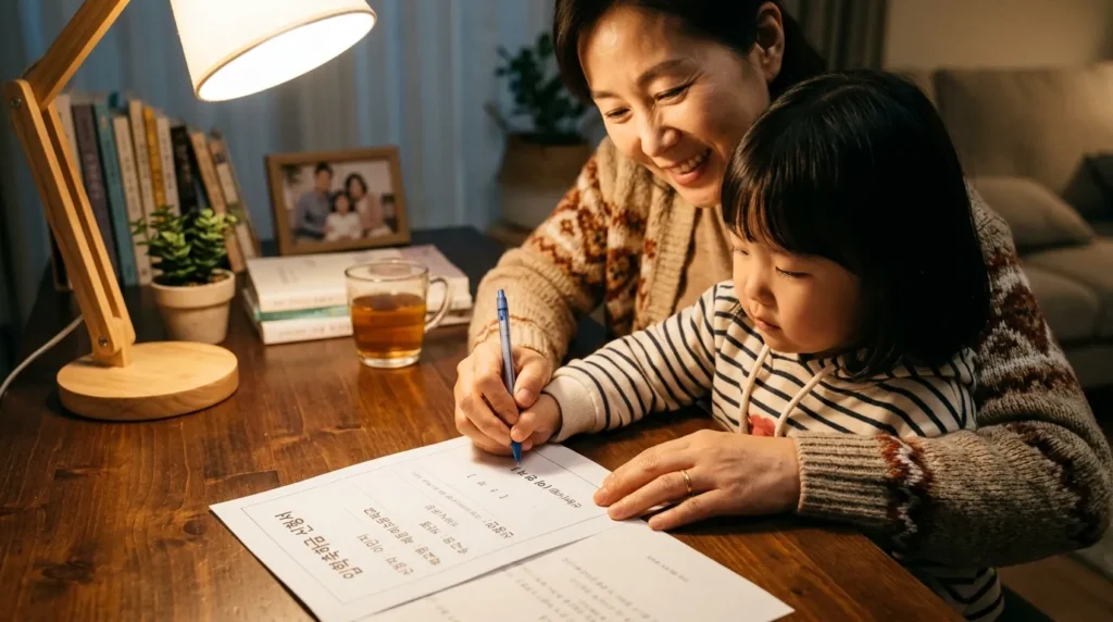 따뜻한 색감의 조명 아래, 한국인 부모의 손이 아이의 작은 손을 잡고 교육 관련 서류에 서명하는 것을 돕고 있다. 서류에는 '입학 축하금 신청서' 등의 문구가 희미하게 보인다. 가족의 유대감과 지원을 상징하는 따뜻한 장면.