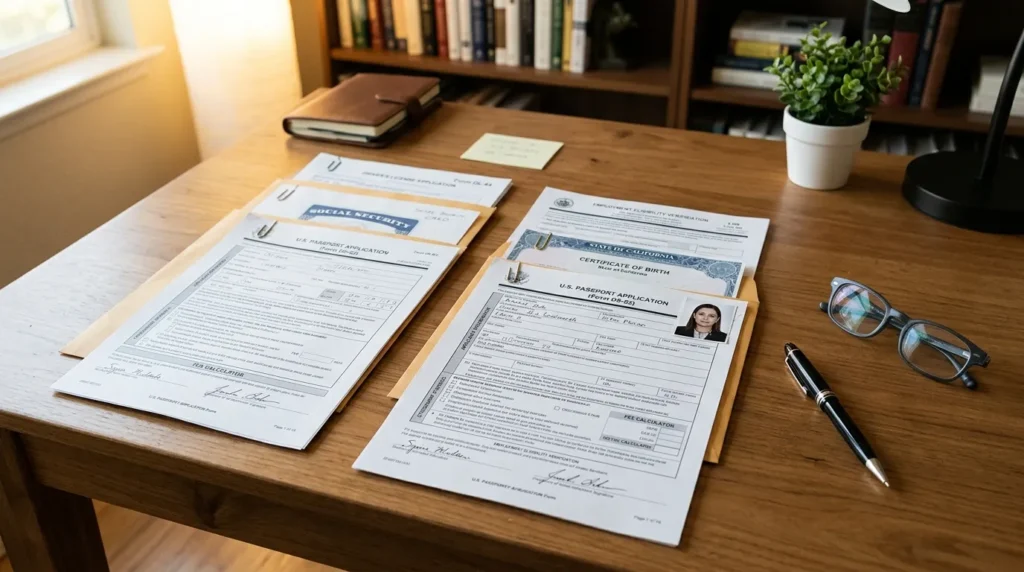 깔끔하게 정리된 책상 위에 여러 종류의 공문서와 신청서 양식이 놓여 있고, 그 옆에는 펜과 안경이 가지런히 놓여 있다. 조명이 서류에 부드럽게 비춰져 차분하고 집중된 분위기를 연출한다.