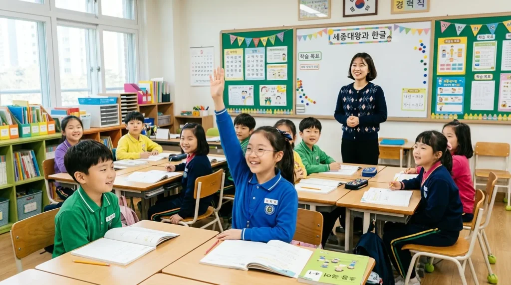 밝고 활기찬 분위기의 한국 초등학교 교실에서 여러 명의 한국인 초등학생들이 선생님과 함께 즐겁게 수업에 참여하고 있다. 한 아이가 손을 들고 발표하고, 다른 아이들은 집중하여 경청하는 모습. 교실은 현대적이고 다채로운 학습 자료로 꾸며져 있다.