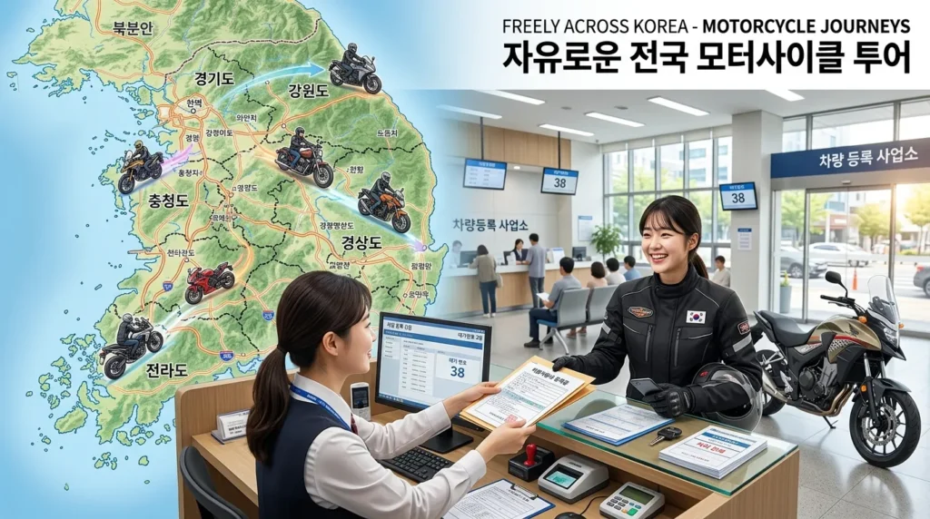 한국 지도를 배경으로 다양한 이륜차들이 각 지역 경계를 자유롭게 넘나들며 이동하는 모습. 한 한국인 라이더가 미소 지으며 차량 등록 서류를 쉽게 처리하는 현대적인 창구 앞에서 서 있는 장면.