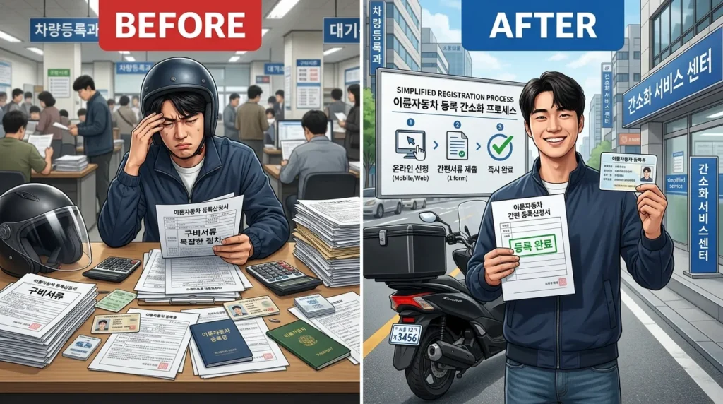 'Before'와 'After' 레이블이 붙은 두 개의 패널. 'Before' 패널에는 복잡한 서류와 스트레스 받은 한국인 라이더, 'After' 패널에는 간소화된 서류와 미소 짓는 한국인 라이더가 명확하게 대비되는 모습. 배경에 간소화된 등록 절차를 보여주는 그래픽이 있다.
