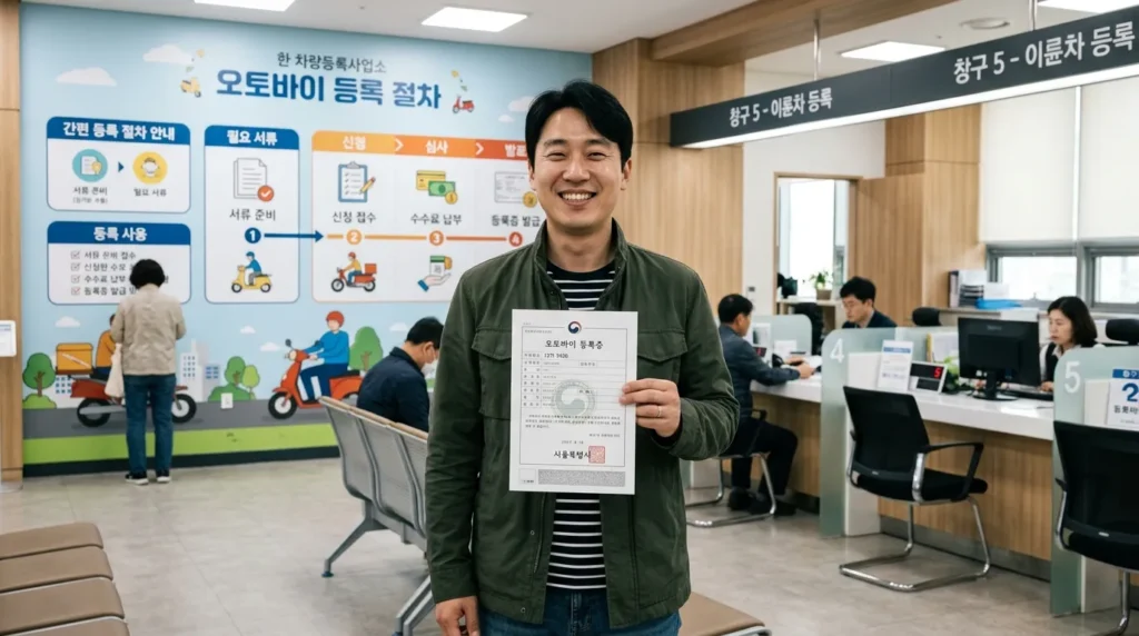 한 한국인이 새로운 이륜차 등록증을 손에 들고 만족스러운 표정으로 서 있는 모습. 배경에는 간소화된 등록 절차를 보여주는 깔끔한 인포그래픽이나 흐름도가 보인다. 주변에는 현대적인 차량등록사업소 환경이 펼쳐져 있다.