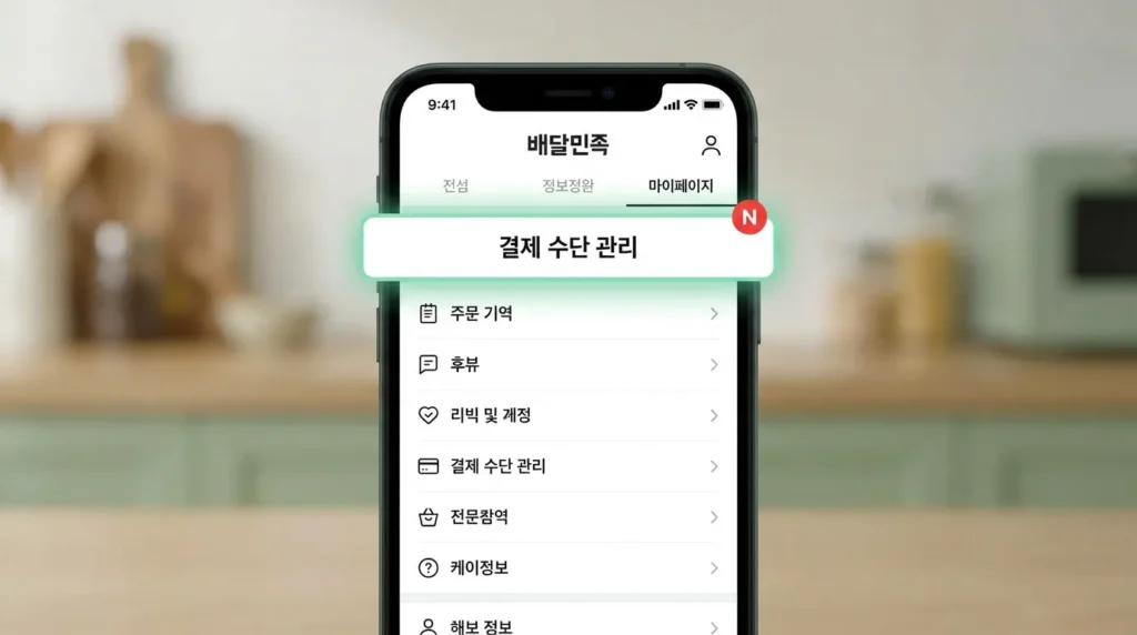배달의족 앱에서 '카드 추가' 과정을 스마트폰 화면에 단계별로 보여주는 UI 가이드로, 특히 한국어 인터페이스로 제공되는 신용카드 등록 부분을 강조했습니다.