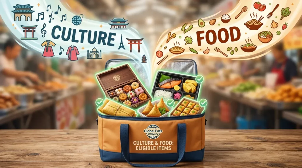 '문화'와 '음식' 카테고리가 통합된 콘셉트 이미지로, 한과나 도시락 등 다양한 문화 음식이 배달 가방에 담겨 있는 모습을 통해 이용 가능한 품목을 강조했습니다.
