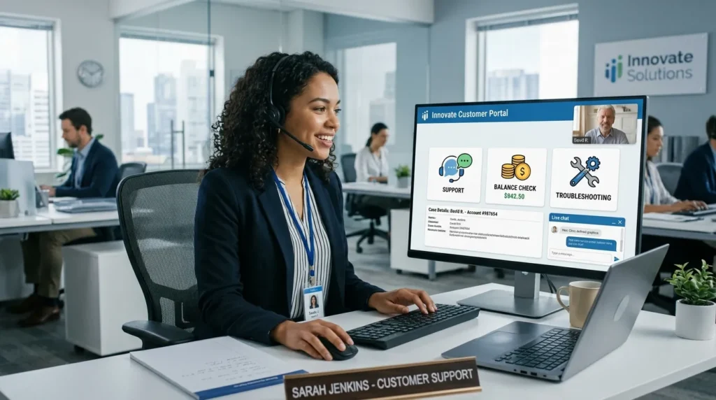 사무실 환경에서 디지털 인터페이스를 통해 고객을 응대하는 전문가의 모습을 보여주며, 지원, 잔액 조회, 문제 해결 아이콘이 명확하게 표시되어 있습니다.