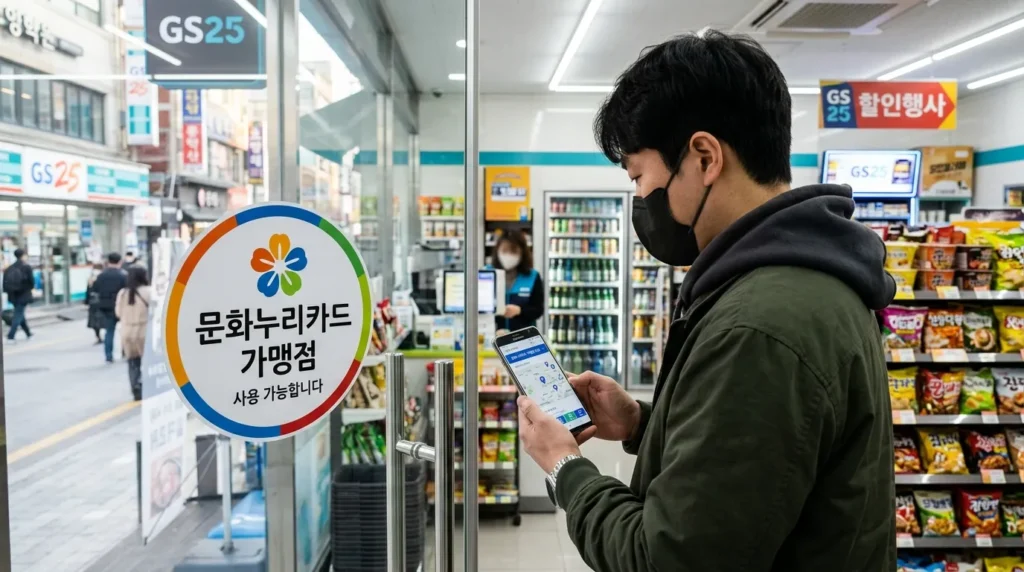 현대적인 한국 편의점 내부를 고화질로 촬영한 사진으로, 유리문에 붙은 '문화누리카드' 환영 스티커가 눈에 띕니다. 30대 한국인이 스마트폰 앱으로 제휴 매장을 확인하고 있습니다.