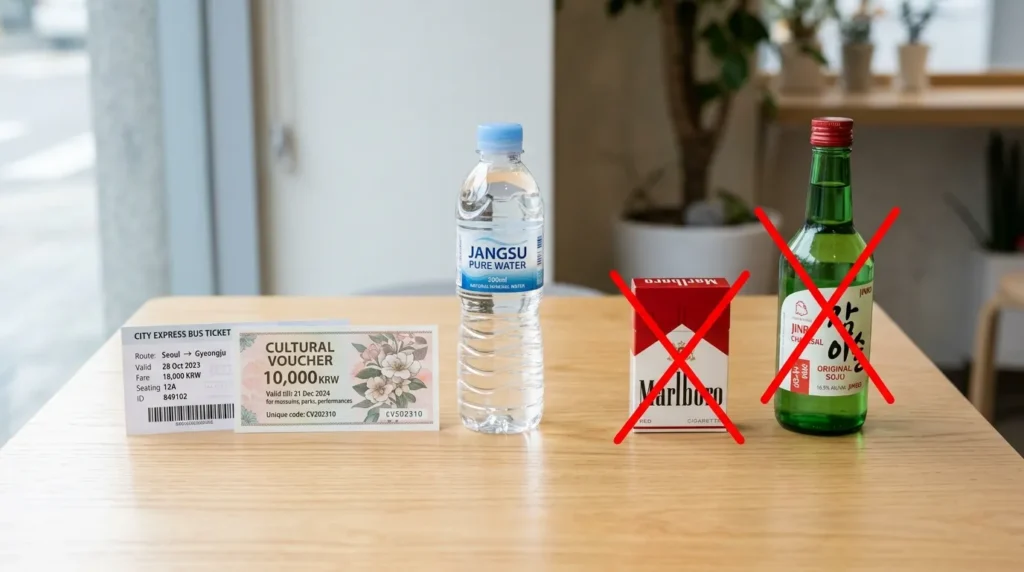 깔끔하게 정돈된 테이블 위에는 인쇄된 버스표, 문화 상품권, 생수 등 사용 가능한 품목들이 진열되어 있고, 담배 한 갑과 소주 한 병은 사용 금지 표시가 되어 있습니다. 미니멀한 디자인과 밝은 조명이 돋보입니다.