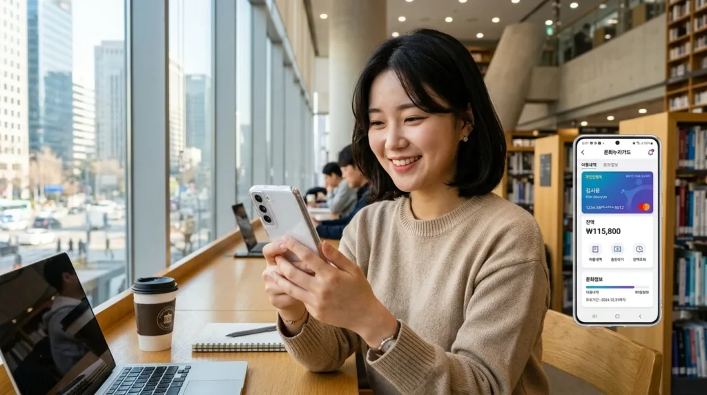 20대 한국 여성이 세련된 스마트폰으로 문화누리카드 잔액을 확인하는 디지털 지갑 앱을 사용하고 있습니다. 배경은 현대적인 도시 도서관입니다. 첨단 기술과 깔끔한 ​​디지털 인터페이스가 인상적입니다.
