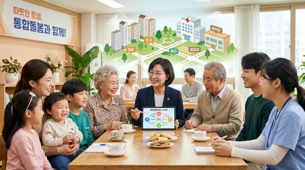 한국인 전문가 한 명이 태블릿으로 통합돌봄 서비스의 복잡한 시스템 도표를 설명하며 여러 연령대의 한국인들이 함께 모여 즐겁게 활동하는 모습을 보여주는 따뜻하고 희망적인 분위기의 장면. 주변에는 주택, 병원, 복지관 등 지역사회 인프라가 추상적으로 표현되어 있다.