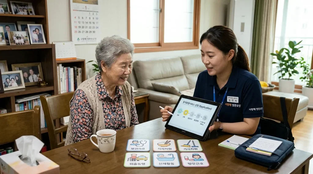 한국인 돌봄매니저가 고령의 한국인 어르신과 함께 집에서 태블릿으로 서비스 신청 과정을 설명하고, 주변에 다양한 돌봄 서비스 아이콘(의료, 식사, 청소, 외출 지원 등)이 친근하게 배치된 모습.