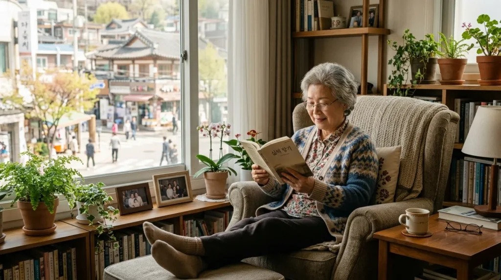 한국인 어르신이 햇살이 드는 거실에서 편안하게 책을 읽고 있으며, 주변에는 돌봄을 통해 얻은 편안함과 안정감을 상징하는 부드러운 빛과 안락한 가구들이 배치되어 있다. 배경에는 지역사회의 활기찬 모습이 희미하게 보인다.