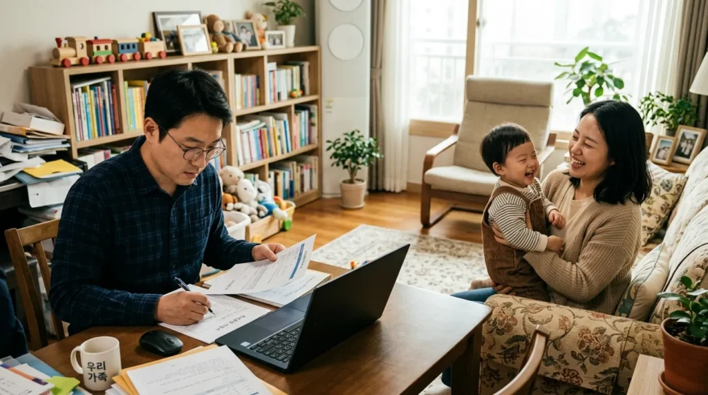 한 한국인 여성이 아이를 안고 웃으며, 다른 한국인 남성은 서류와 노트북을 보며 육아휴직 신청 서류를 준비하는 모습. 배경에는 가족의 행복한 일상이 보이는 따뜻한 집안 풍경.