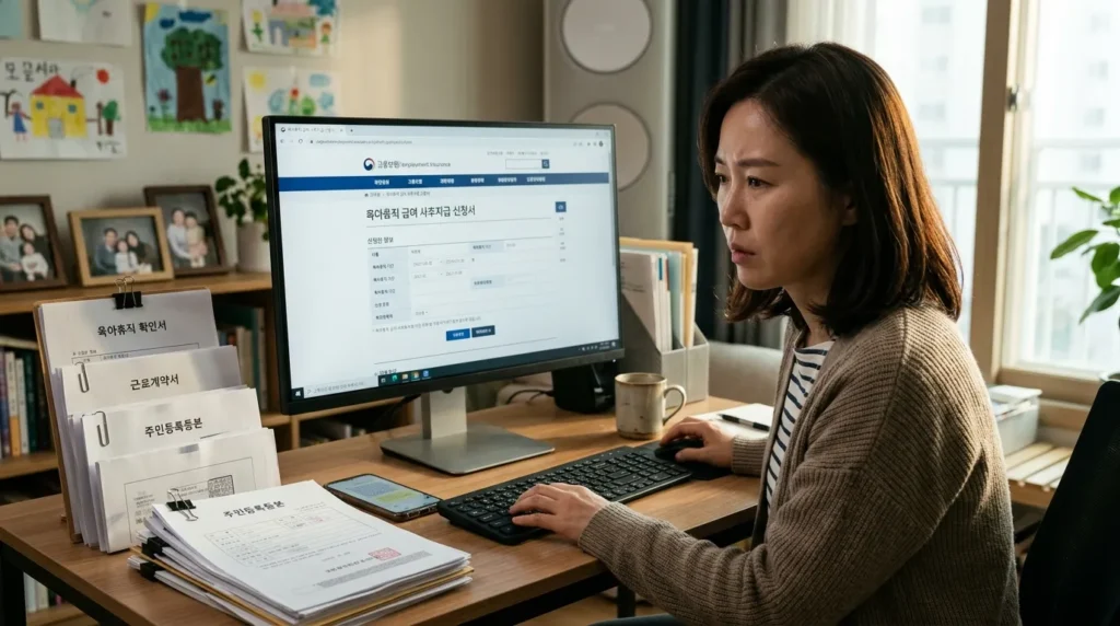 한국인 부모가 컴퓨터 앞에서 온라인으로 육아휴직 급여 소급 지원 신청 양식을 작성하고 있는 모습. 모니터 화면에는 신청서 양식이 명확하게 보이고, 옆에는 필요한 서류들이 정리되어 있다.
