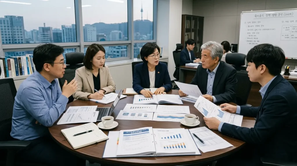 한국인 전문가들이 원탁에 앉아 육아휴직 급여 인상 정책의 경제적, 사회적 효과를 분석하는 모습. 테이블 위에는 차트와 그래프가 있는 서류들이 놓여 있고, 진지한 토론이 오가는 분위기.