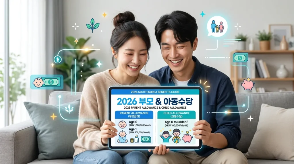 전문적인 인포그래픽으로, 한국의 부모가 '2026년 부모 수당'과 '아동 수당'이라는 문구가 밝은 파란색과 부드러운 흰색으로 표시된 디지털 태블릿을 보며 미소 짓는 모습을 보여줍니다.
