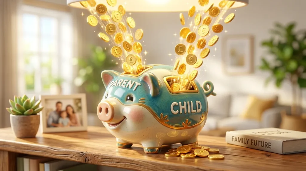 '부모'와 '자녀'라는 라벨이 붙은 돼지 저금통이 금화로 떨어지는 모습을 정교하게 3D로 표현하여, 누적된 정부 지원금을 상징합니다. 밝고 긍정적인 조명이 사용되었습니다.