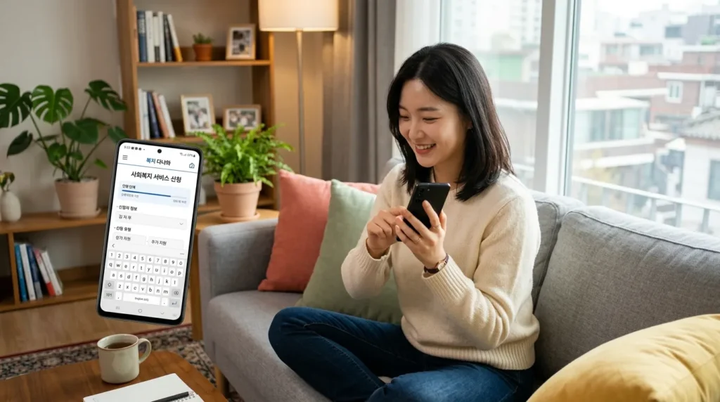깔끔한 사용자 인터페이스의 스마트폰 앱을 사용하여 사회 복지 혜택을 신청하는 젊은 한국 여성의 고화질 사진입니다. 배경은 아늑하고 현대적인 거실입니다.