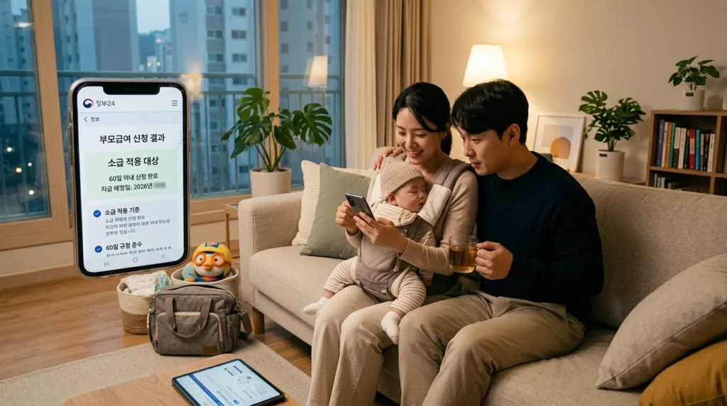 2026년 부모급여 소급적용의 핵심 기준과 60일의 원칙 - 깨끗하고 현대적인 거실에서 한국인 부모가 아기를 안고 스마트폰으로 달력을 확인하며 정부 지원금을 체크하는 모습, 따뜻한 분위기