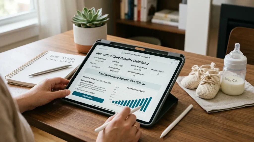 출생 신고 시점에 따른 소급 수령액 계산 방법 - 태블릿 PC 위에 계산기 앱이 띄워져 있고 주변에 아기 신발과 젖병이 놓여 있는 책상 모습, 전문적인 금융 분석 느낌