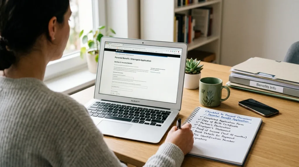 부모급여 신청 절차와 누락 방지를 위한 체크리스트 - 깔끔한 오피스 환경에서 노트북으로 신청 페이지를 열어두고 옆에 체크리스트 메모가 놓여 있는 모습