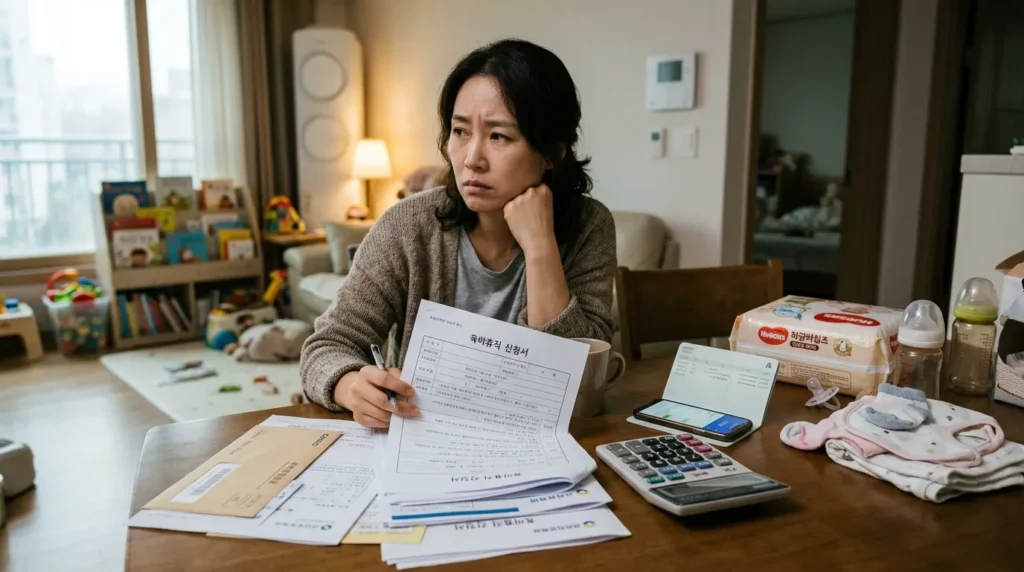 한 한국인 부모가 육아휴직 신청서를 작성하며 고민하는 모습. 서류 더미와 함께 계산기, 아기용품이 놓여있고, 부모의 얼굴에는 재정적 걱정이 서려 있다.