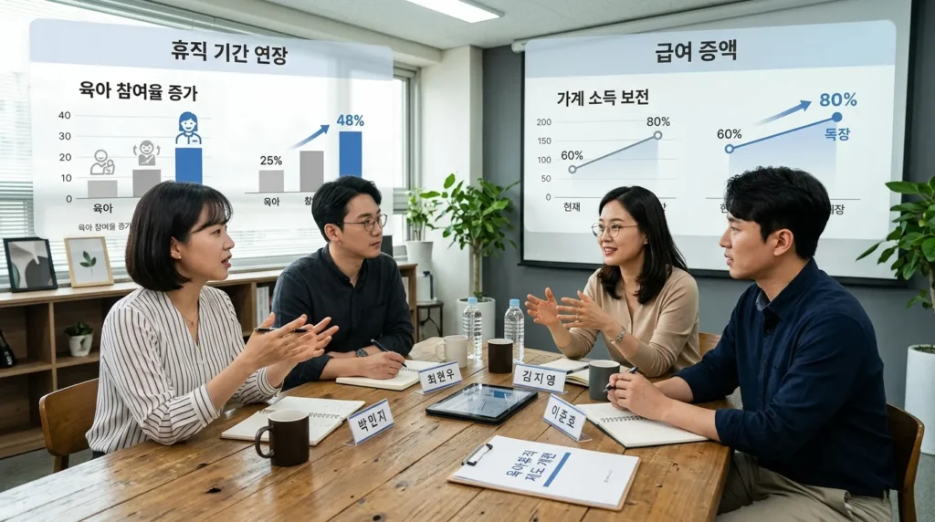 한국인 부모들이 토론 테이블에 앉아 육아휴직 급여 인상에 대한 다양한 의견을 나누는 모습. 각자의 입장과 데이터를 보여주는 인포그래픽이 배경에 희미하게 보인다.