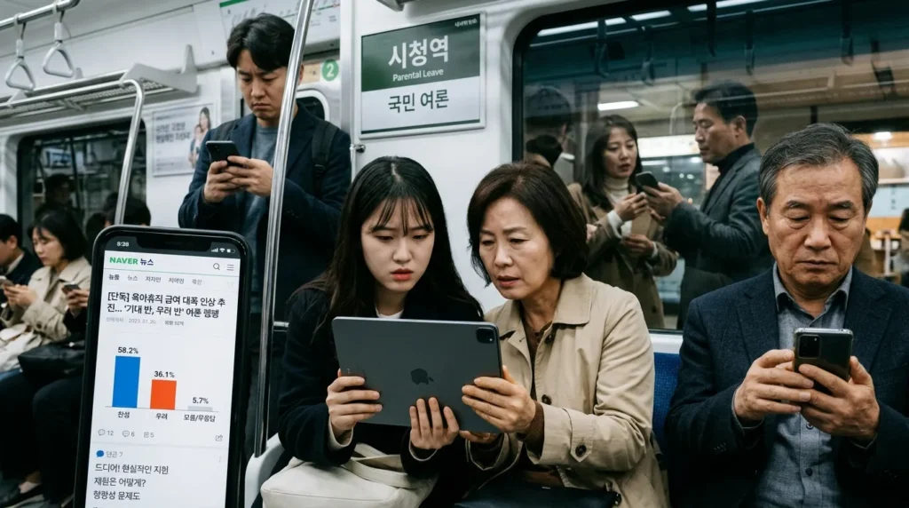 다양한 연령대의 한국인들이 스마트폰이나 태블릿을 들고 뉴스 기사와 온라인 커뮤니티에서 육아휴직 급여 인상 관련 댓글을 읽고 있는 모습. 화면에는 여론조사 그래프가 보이고, 사람들의 표정은 기대감과 우려가 교차한다.