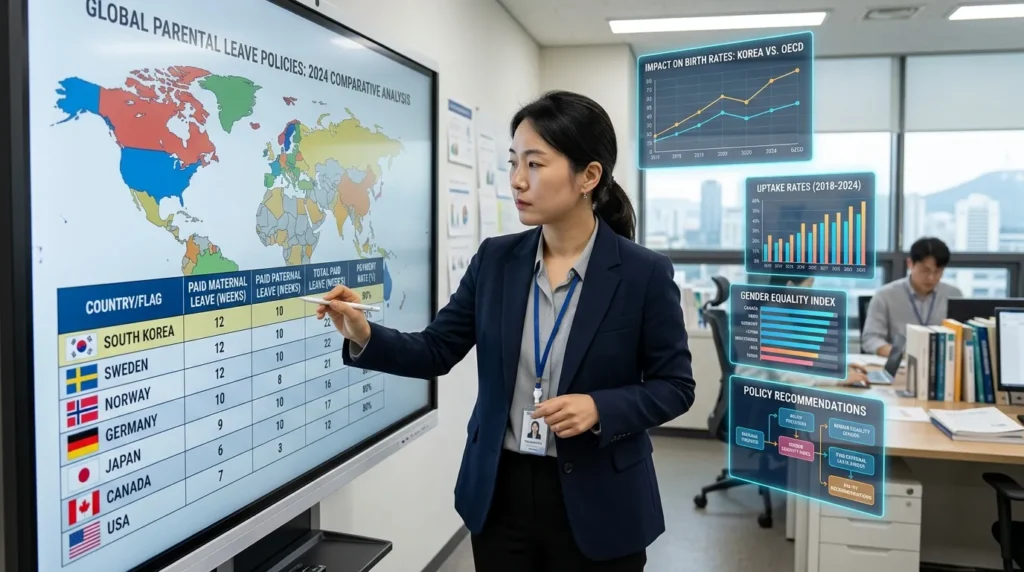 여러 국가의 국기와 함께 육아휴직 정책 비교표가 그려진 세계 지도 앞에 한 한국인 정책 연구원이 서서 진지하게 분석하는 모습. 다양한 인포그래픽이 주변에 떠다닌다.