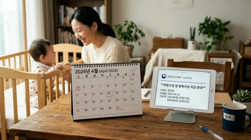 고품질의 전문적인 이미지로, 나무 책상 위에 2026년 4월 한국 달력이 놓여 있습니다. 옆에는 정부 사회복지 지원금 안내가 표시된 디지털 태블릿이 놓여 있습니다. 배경에는 한국인 어머니가 아기를 바라보며 미소 짓고 있습니다.