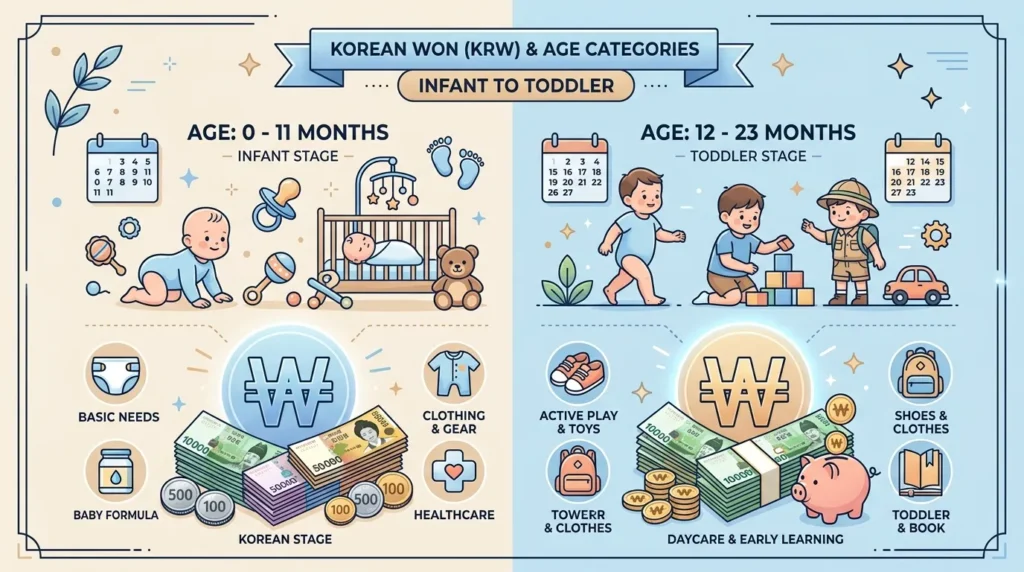 깔끔한 인포그래픽 스타일의 일러스트레이션으로, 한국 원화 아이콘과 연령대(0~11개월, 12~23개월)를 보여줍니다. 부드러운 파란색과 따뜻한 베이지색을 사용하여 현대적이고 전문적인 느낌을 줍니다.