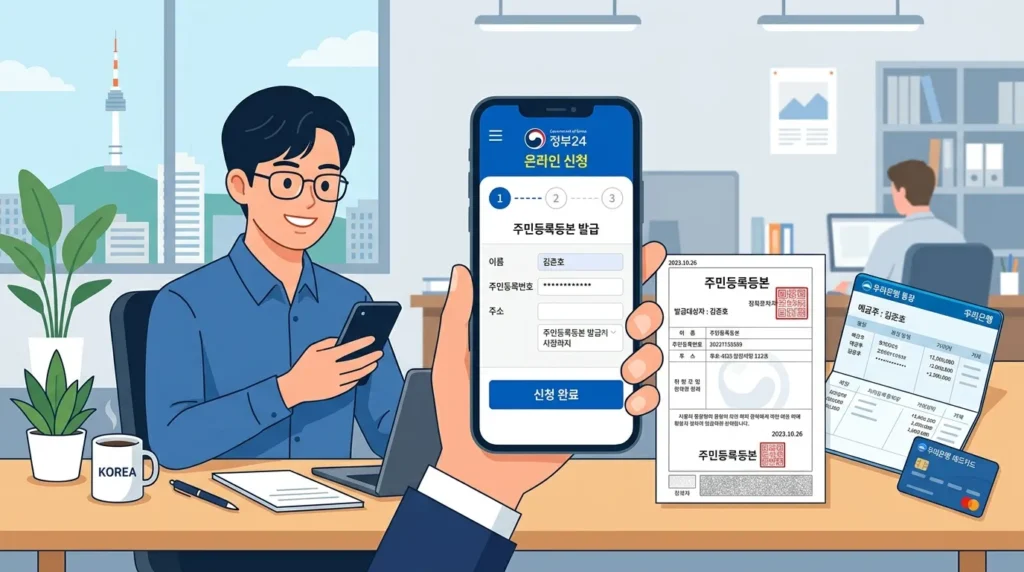 한국 직장인이 온라인 신청서를 작성하는 모습을 플랫 디자인으로 표현한 일러스트레이션입니다. 'Gov24' 앱이 실행된 스마트폰, 주민등록증, 통장이 보입니다. 색상이 선명하고 레이아웃이 정돈되어 있습니다.