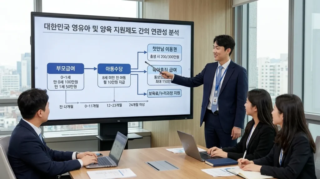 육아수당과 아동수당 등 다른 한국 가족 수당 간의 관계를 보여주는 전문적인 분석 그래프 또는 다이어그램입니다. 한국인 분석가가 이러한 관계를 명확하고 논리적으로 보여주는 디지털 화면을 가리키고 있습니다.