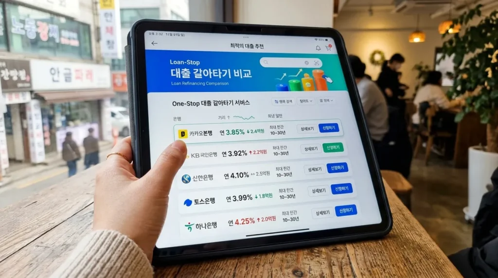한국인의 손에 들린 태블릿 화면에는 다양한 대출 비교 옵션이 생동감 넘치는 디지털 인터페이스로 표시되어 있다. 여러 은행 로고와 변동하는 금리가 표시되는 이 인터페이스는 온라인 원스톱 대출 재융자 서비스를 상징한다.