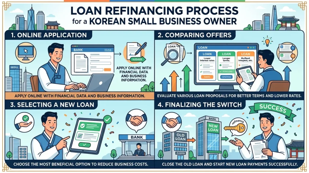 한국인 소기업 대표를 위한 대출 재융자 과정을 단계별로 보여주는 인포그래픽: 1. 온라인 신청, 2. 상품 비교, 3. 새로운 대출 선택, 4. 전환 완료. 각 단계는 명확한 아이콘과 간결한 텍스트로 표현되어 있다.