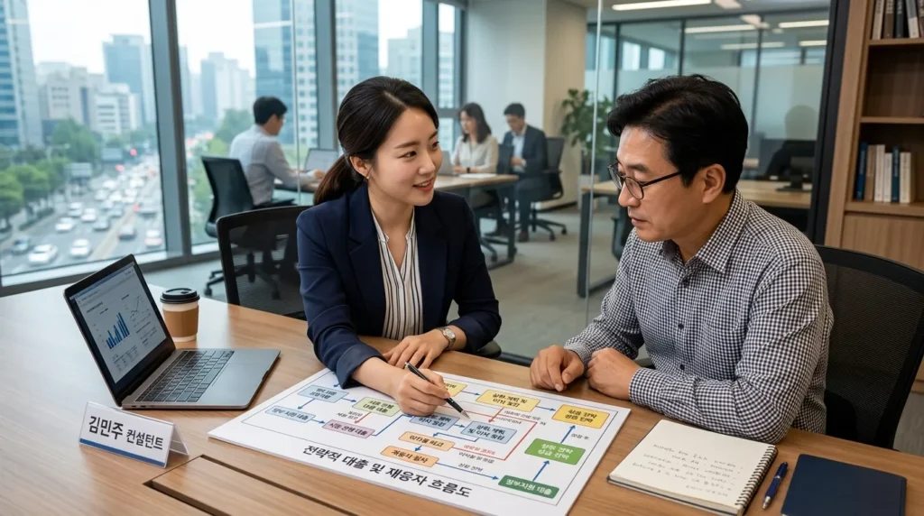 한국인 비즈니스 컨설턴트가 한국인 소기업 대표에게 복잡한 재무 개념을 설명하며, 다양한 대출 옵션과 성공적인 재융자 전략을 보여주는 흐름도를 가리키고 있다. 이들은 현대적이고 전문적인 사무실 환경에 있다.