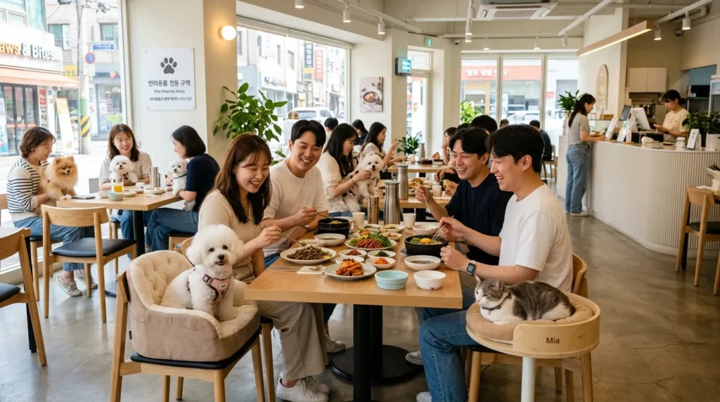 한국인들이 반려동물(소형견, 고양이 등)과 함께 깔끔하고 현대적인 식당에서 즐겁게 식사하는 모습. 식당 내부는 밝고 쾌적하며, 반려동물 전용 공간임을 암시하는 작은 표지판이 보인다.