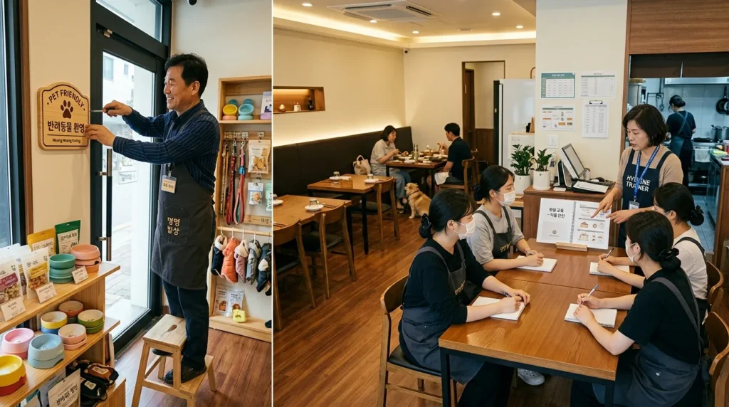 식당 주인이 반려동물 동반 가능 구역 표지판을 설치하고, 직원들이 위생 교육을 받는 모습. 식당 내부는 깔끔하게 정리되어 있으며, 반려동물 용품이 보이는 공간. 한국인 남성 점주와 한국인 여성 직원들.