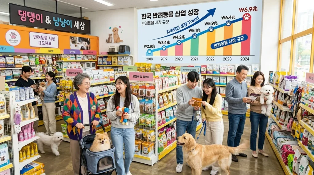 반려동물 관련 산업의 성장을 보여주는 상승 그래프와 함께, 다양한 연령대의 한국인들이 반려동물 용품점에서 즐겁게 쇼핑하는 모습. 활기찬 분위기.