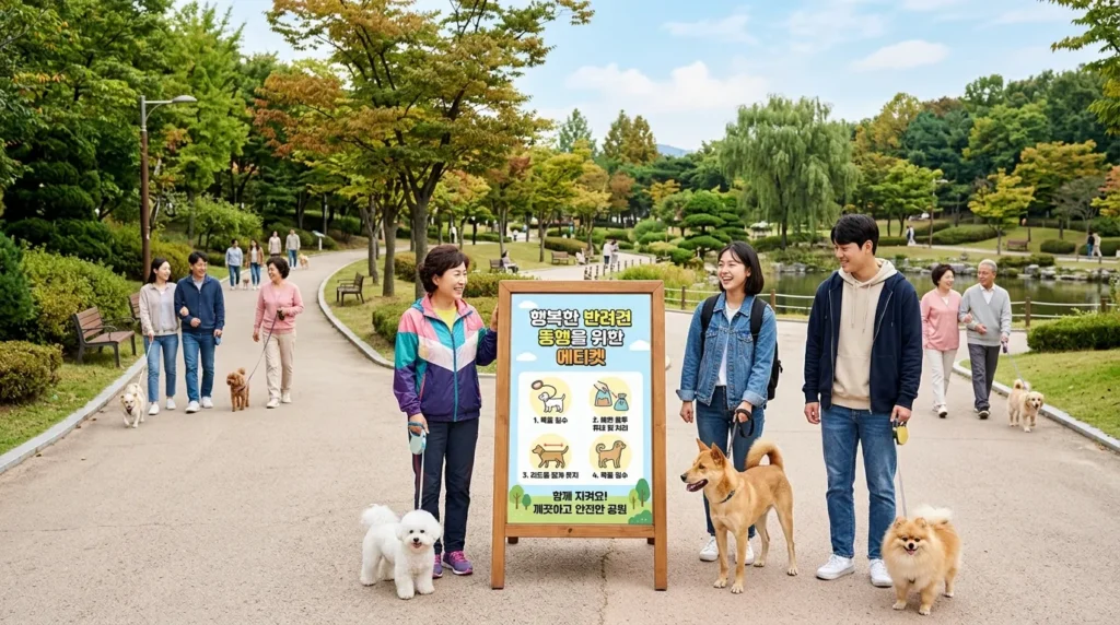 공원에서 반려동물과 산책하는 한국인들이 펫티켓 준수 포스터를 보고 미소 짓는 모습, 깨끗하고 평화로운 공원 풍경. 다양한 연령대의 한국인들이 반려동물과 함께 행복한 시간을 보내고 있다.