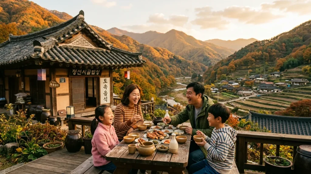 한 한국인 가족이 인구 감소 지역의 아름다운 자연 경관을 배경으로 즐겁게 여행하는 모습. 지역 특산물을 맛보거나 전통 가옥 앞에서 웃고 있는 장면을 따뜻한 색감으로 표현.