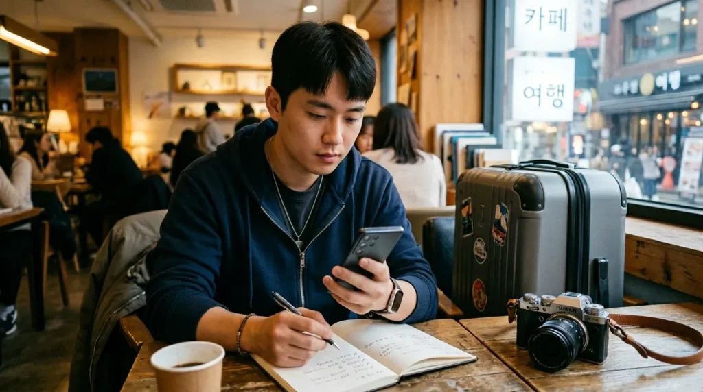한국인 청년이 스마트폰으로 인구감소지역 목록을 확인하고 여행 계획을 세우는 모습. 지도 앱이 열려있고, 주변에 여행 가방과 카메라가 놓여 있다.