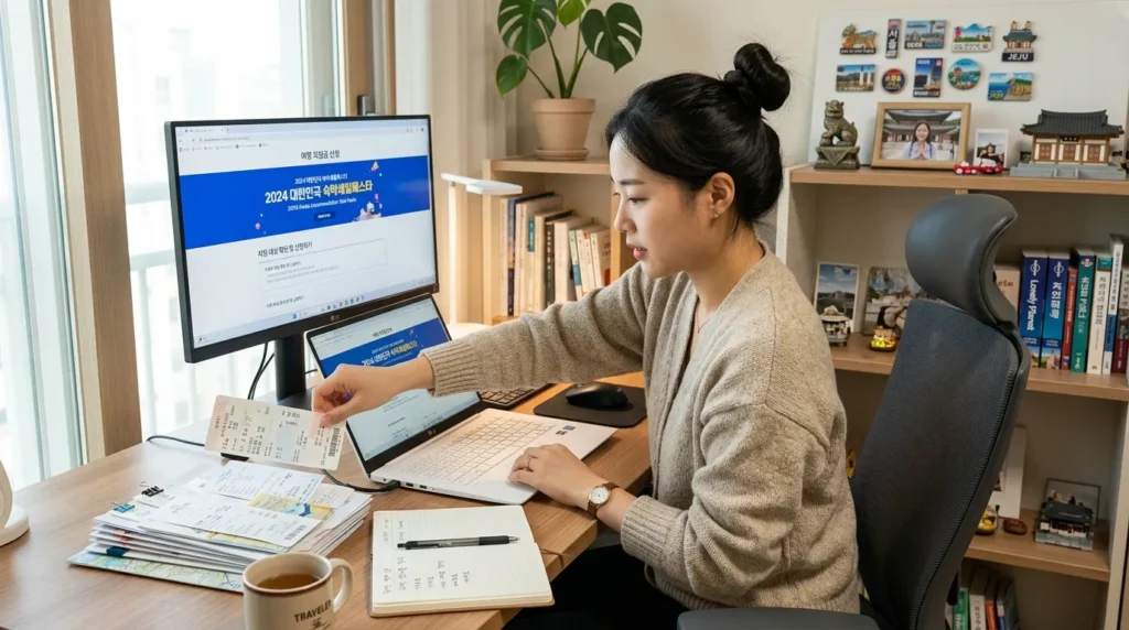 한국인 여성이 여행 영수증과 서류들을 깔끔하게 정리하며 컴퓨터로 지원금 신청 웹사이트에 접속하는 모습. 화면에는 '여행 지원금 신청' 페이지가 보이고, 배경에는 여행 기념품들이 놓여 있다.